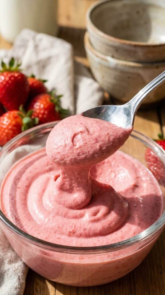 A glass cup filled with smooth, whipped pink strawberry mousse topped with fresh fruit and crumbs