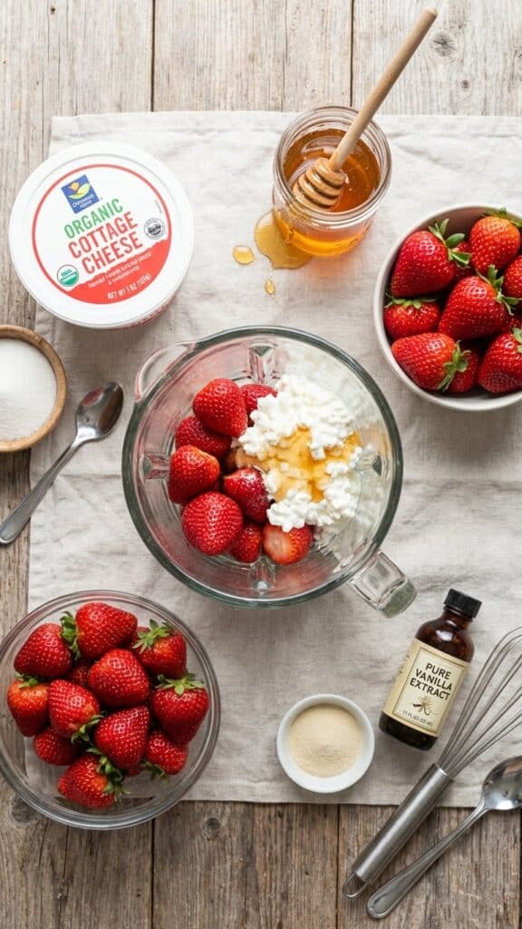 A flat lay showing a tub of cottage cheese, fresh strawberries, honey, and a blender.