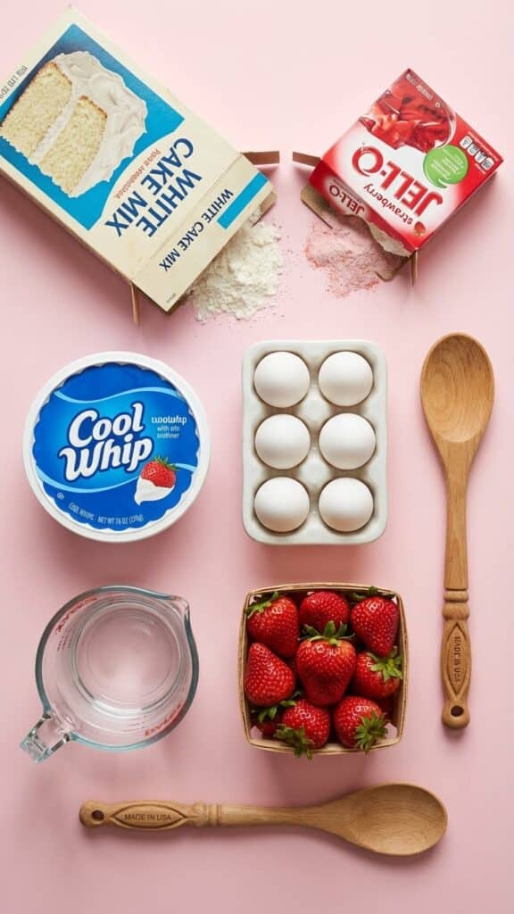 A flat lay showing white cake mix, strawberry jello box, cool whip, fresh berries, and a wooden spoon.