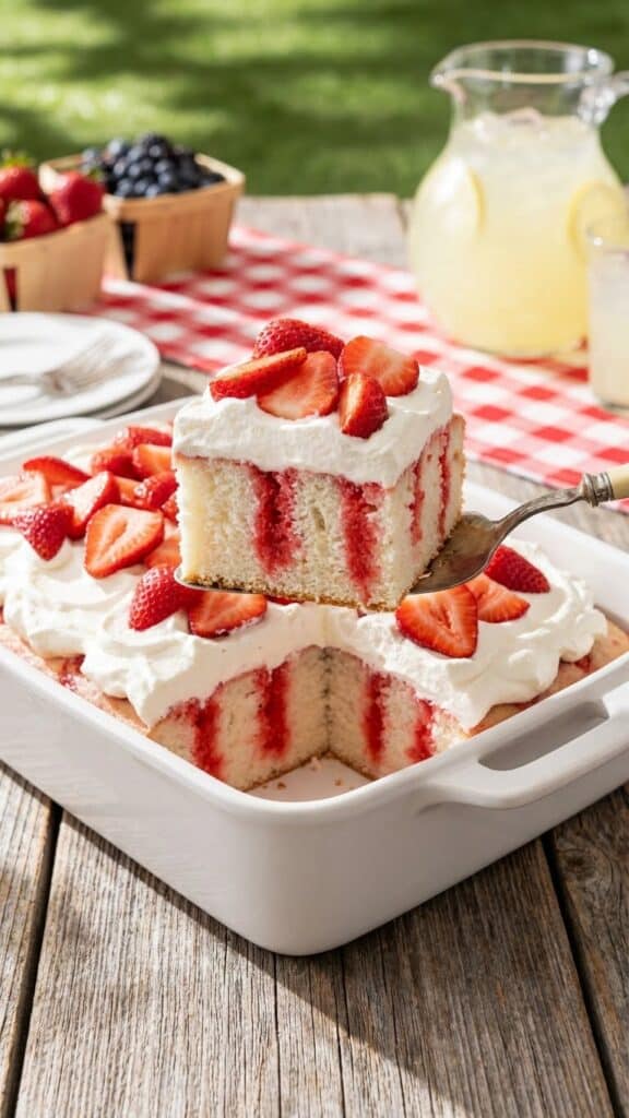 A close-up of a single slice of strawberry poke cake on a plate, showing the moist red and white crumb.