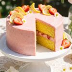 A whole two-layer lemon cake with pink strawberry frosting, garnished with fresh fruit and flowers on a cake stand.