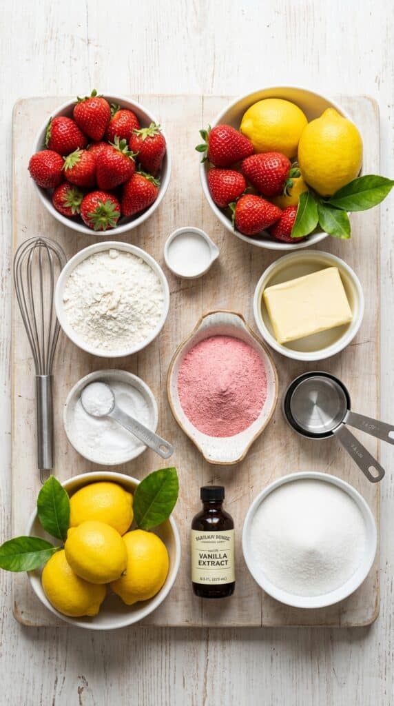 A flat lay showing fresh strawberries, lemons, flour, butter, and sugar on a wooden board.