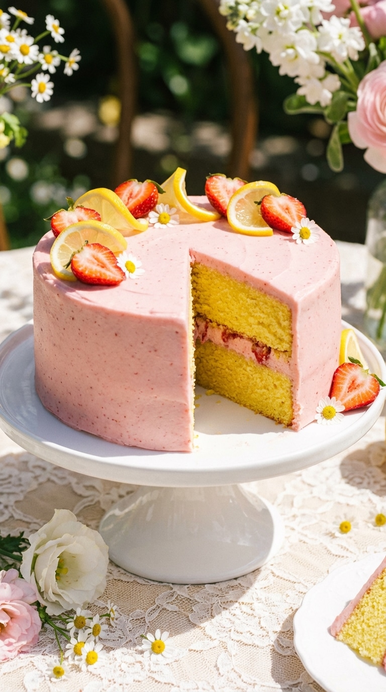 A whole two-layer lemon cake with pink strawberry frosting, garnished with fresh fruit and flowers on a cake stand.