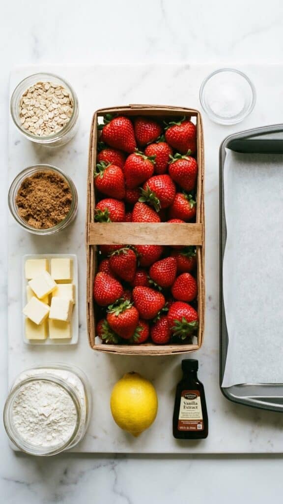 A hand holding a strawberry crumble bar with a bite taken out, showing the gooey filling.