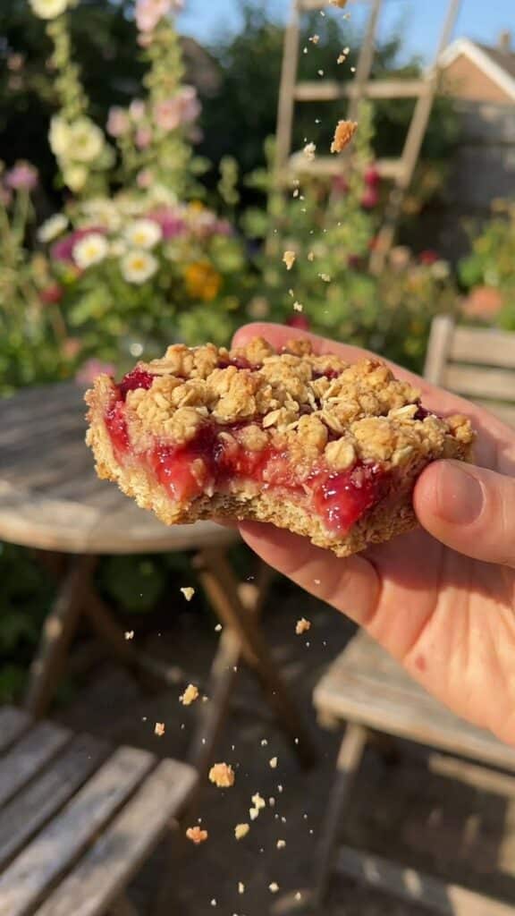 A flat lay showing fresh strawberries in a basket, rolled oats, brown sugar, flour, and butter on a marble surface.