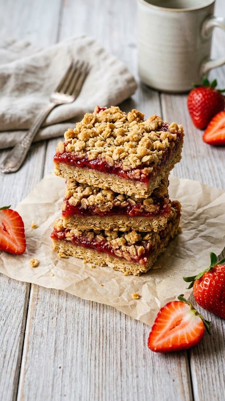A stack of square strawberry oatmeal bars showing a bottom crust, red fruit center, and crumbly oat topping.