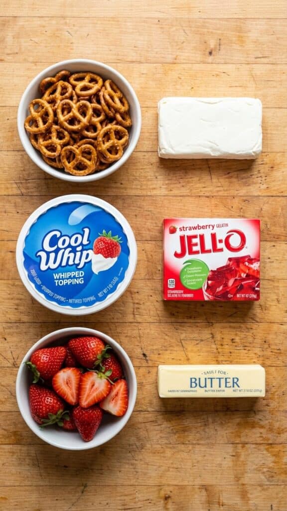 A side view of a slice of strawberry pretzel salad on a plate, highlighting the three distinct red, white, and brown layers.