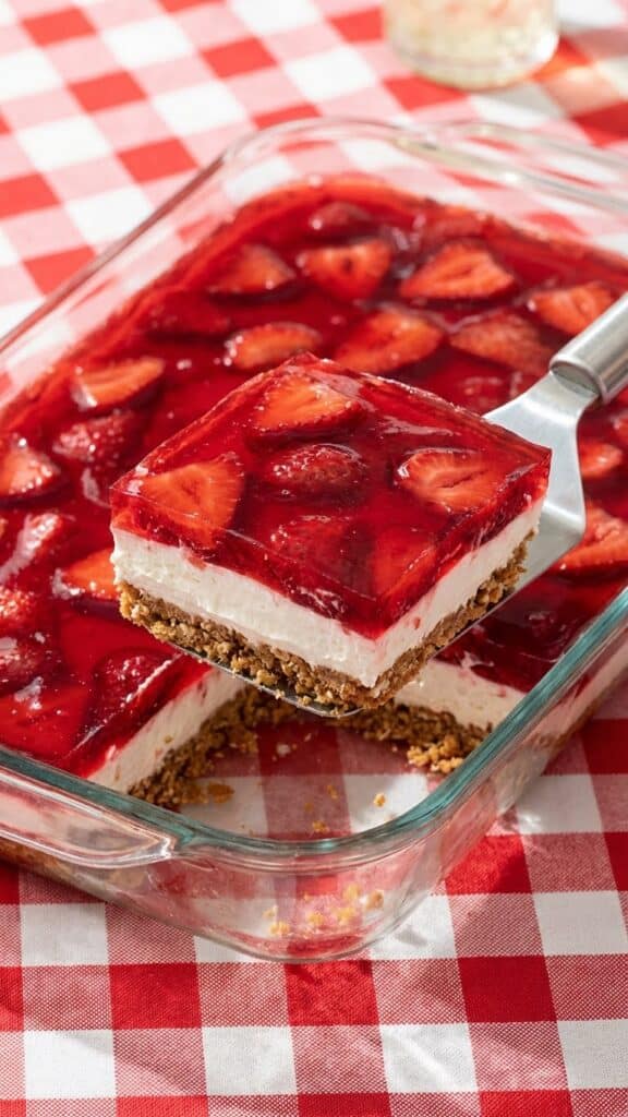 An overhead flat lay of ingredients including pretzels, cream cheese, jello box, strawberries, and butter on a wooden surface.