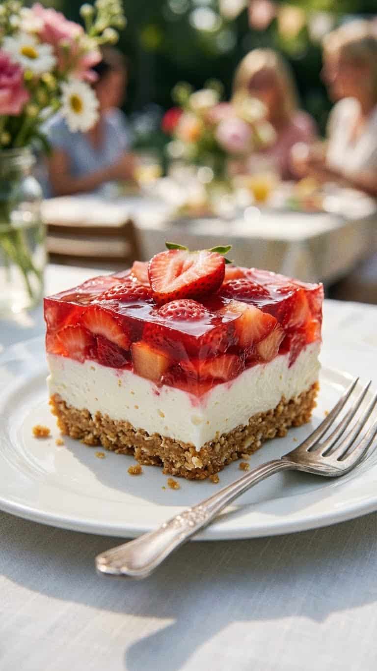 A 9x13 glass dish filled with strawberry pretzel salad, showing layers of pretzel crust, white cream cheese, and red strawberry jello.