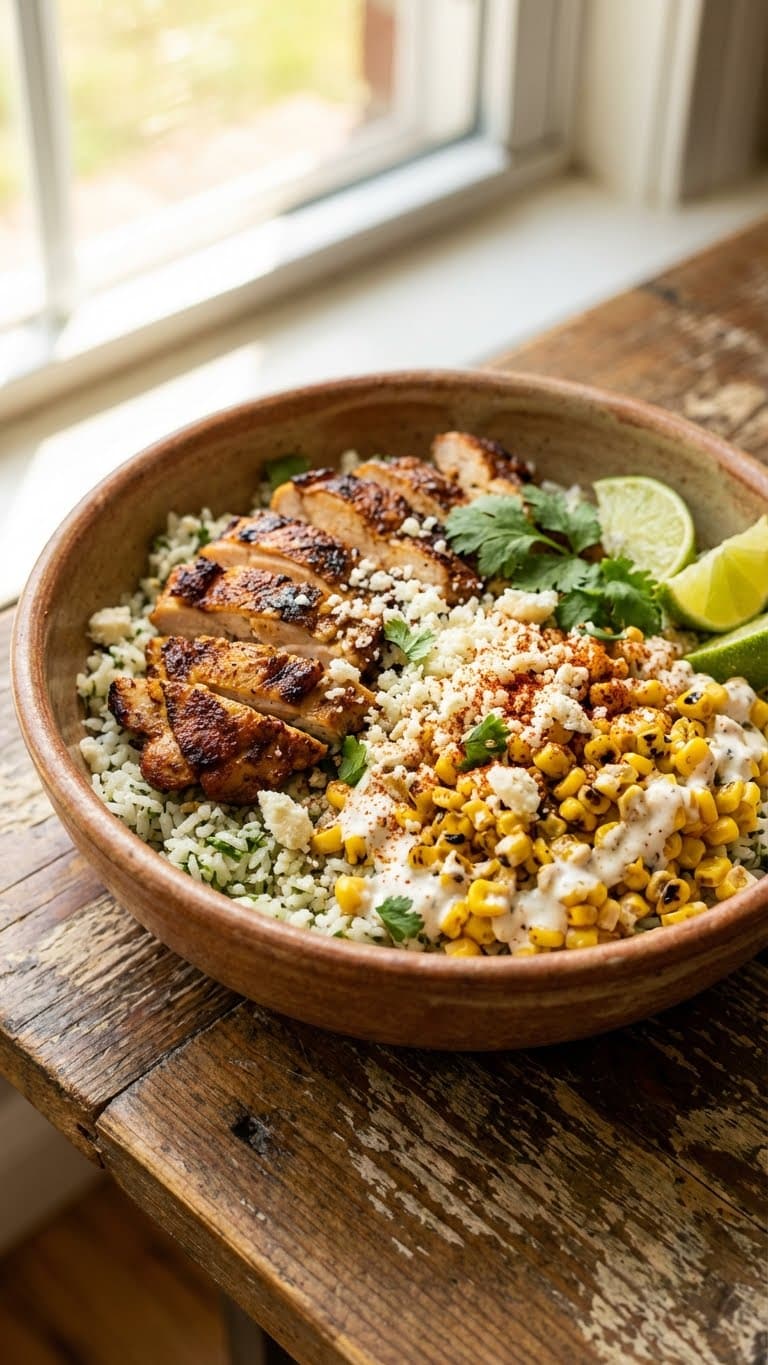 A loaded Street Corn Chicken Rice Bowl topped with grilled chicken, charred corn with creamy sauce, Cotija cheese, chili powder, and lime wedges.