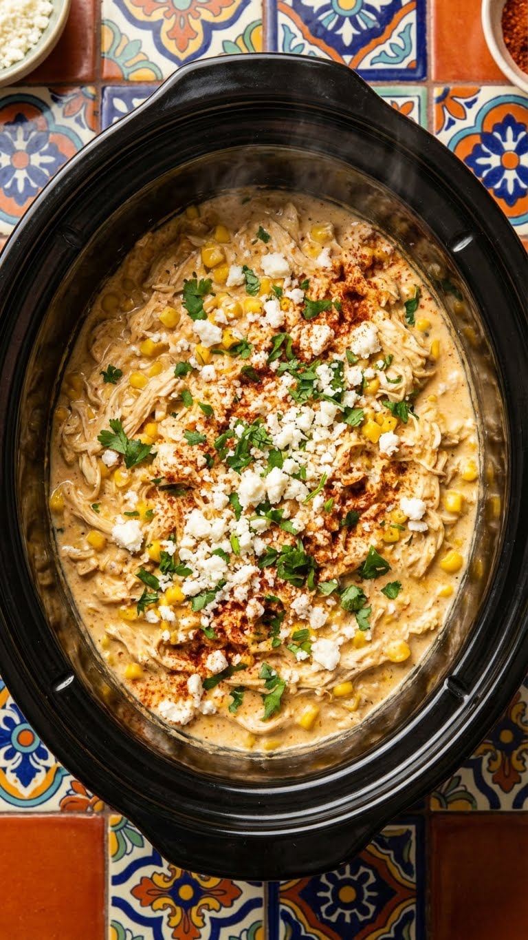 A top-down view inside a slow cooker filled with creamy shredded chicken and corn, garnished with cotija cheese, cilantro, and chili powder.