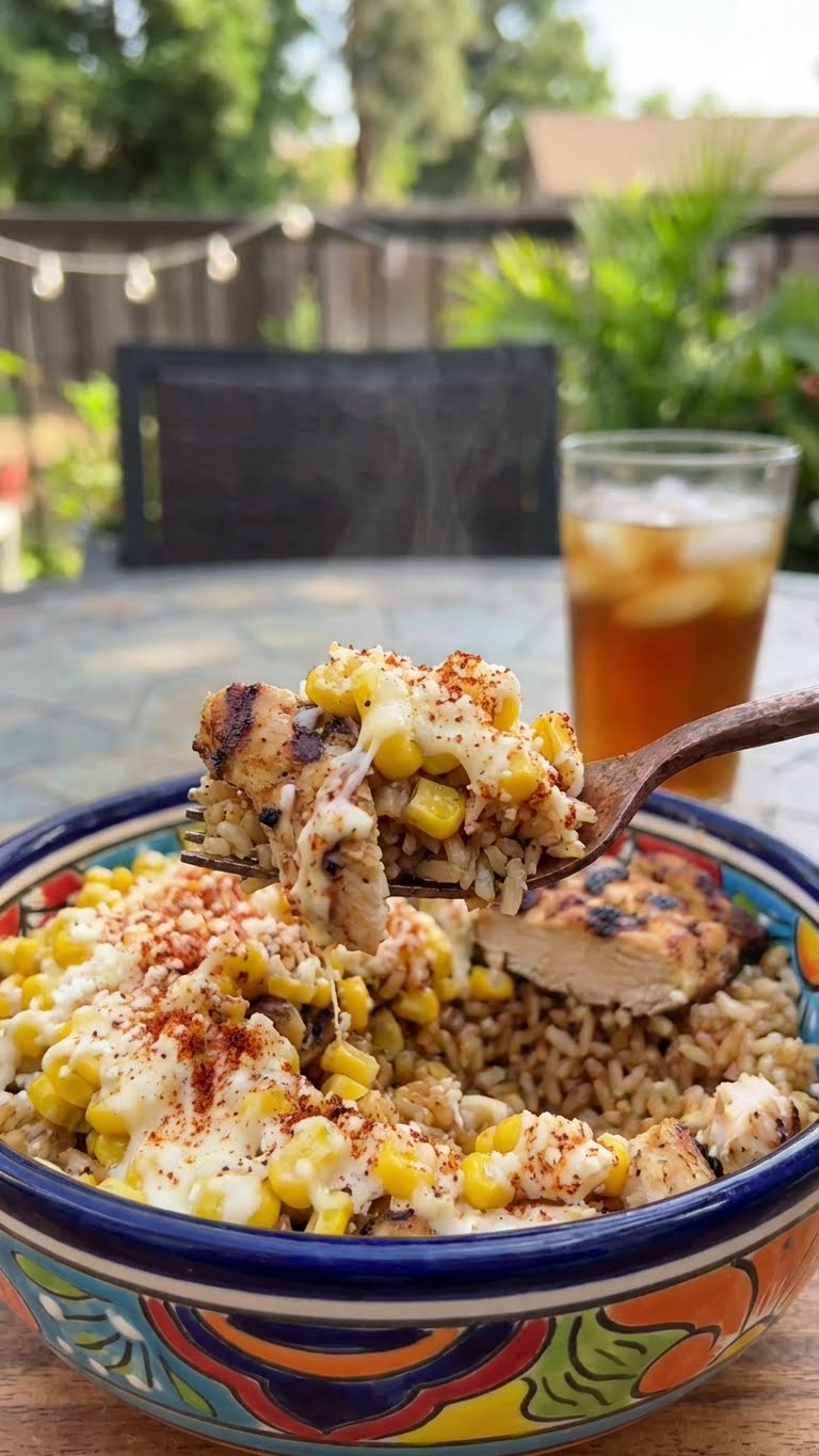 A rice bowl topped with grilled chicken and creamy Mexican street corn salad, garnished with cotija cheese, chili powder, and lime.