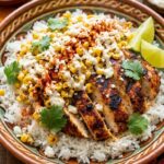A close-up POV shot of a fork lifting a bite of grilled chicken and creamy street corn salad from a bowl.