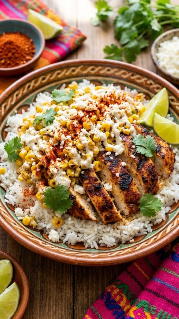 A close-up POV shot of a fork lifting a bite of grilled chicken and creamy street corn salad from a bowl.