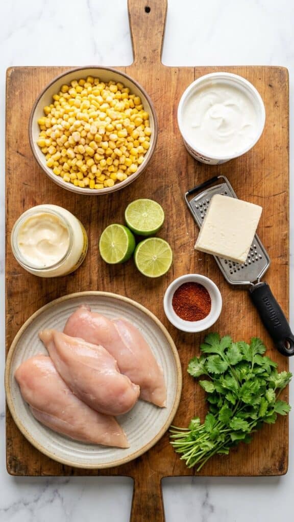 A flat lay showing raw chicken, corn, sour cream, mayo, limes, cotija cheese, and spices on a wooden board.