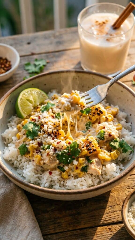 A close-up of a fork lifting a bite of creamy street corn chicken and rice from a bowl.