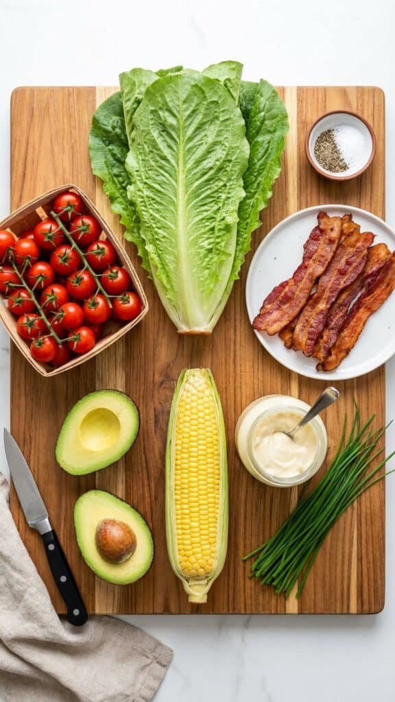 A flat lay showing romaine lettuce, tomatoes, cooked bacon, avocado, corn, and dressing ingredients.
