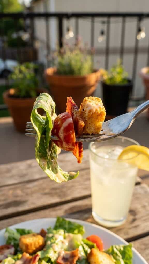 A close-up of a fork lifting a bite of salad with bacon, tomato, and creamy dressing.