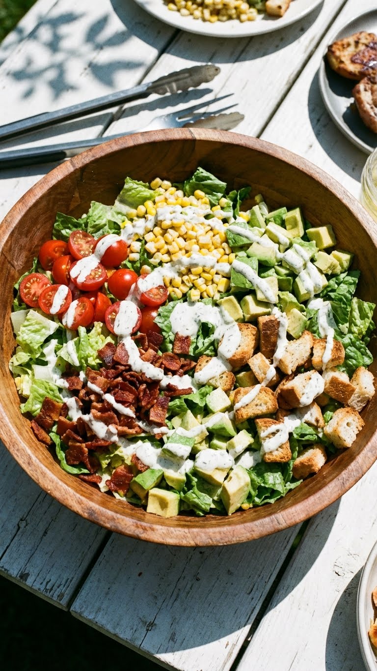 A large wooden bowl filled with chopped BLT salad featuring bacon, tomatoes, corn, and creamy dressing.