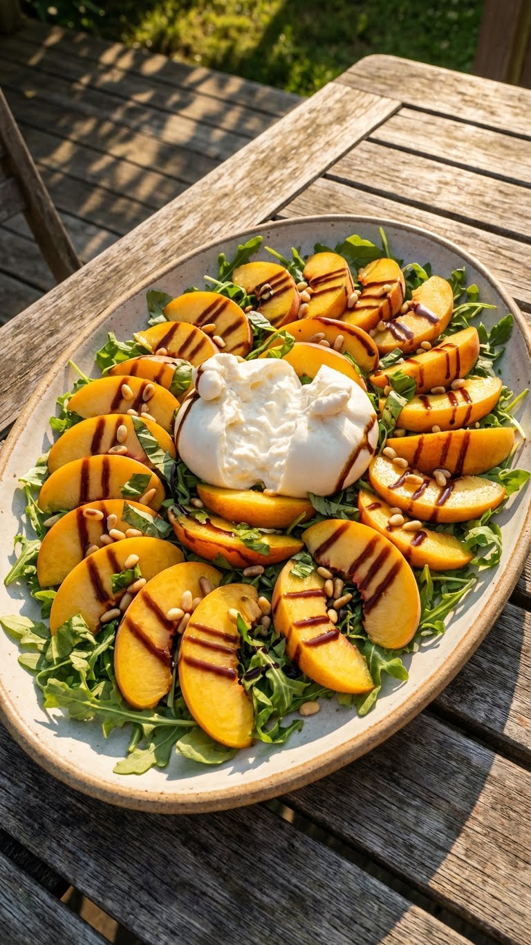 A large platter of peach and burrata salad with arugula, balsamic glaze, and pine nuts on an outdoor table