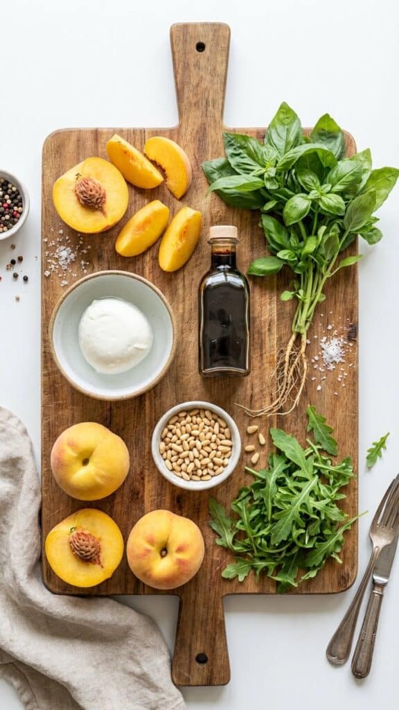 A flat lay showing fresh peaches, burrata cheese, balsamic glaze, basil, and pine nuts on a wooden board.