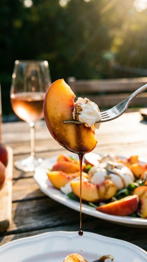 A close-up of a fork holding a slice of peach and burrata cheese with balsamic drizzle.