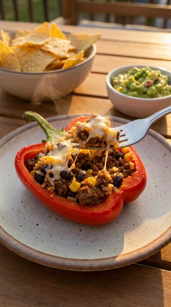 A close-up of a cut-open stuffed red pepper showing the beef and rice filling, with a fork lifting a bite.