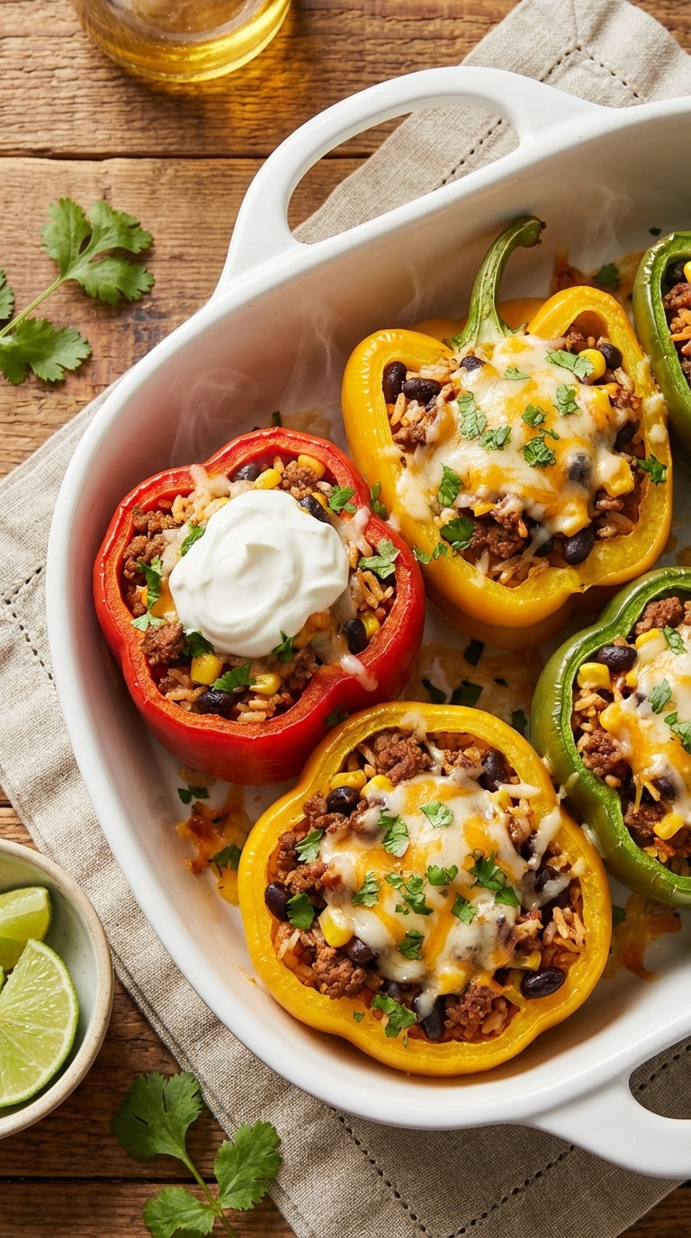 A baking dish filled with colorful bell peppers stuffed with taco meat and rice, topped with melted cheese and cilantro.