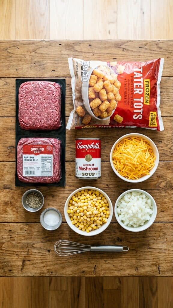 A flat lay showing raw ground beef, a bag of frozen tater tots, cream of mushroom soup, cheese, and corn on a table.