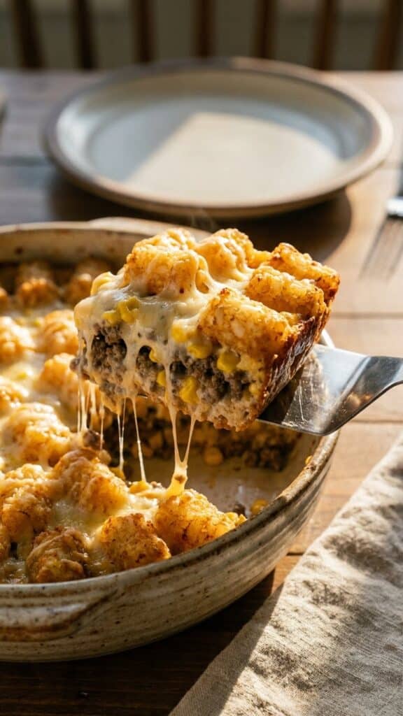 A close-up of a spatula lifting a square of tater tot casserole, showing the beef layer and cheese pull.