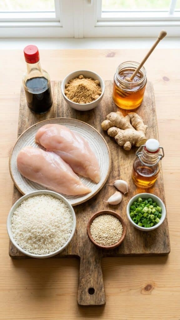 A flat lay showing raw chicken, soy sauce, sugar, honey, garlic, ginger, and rice on a wooden board.