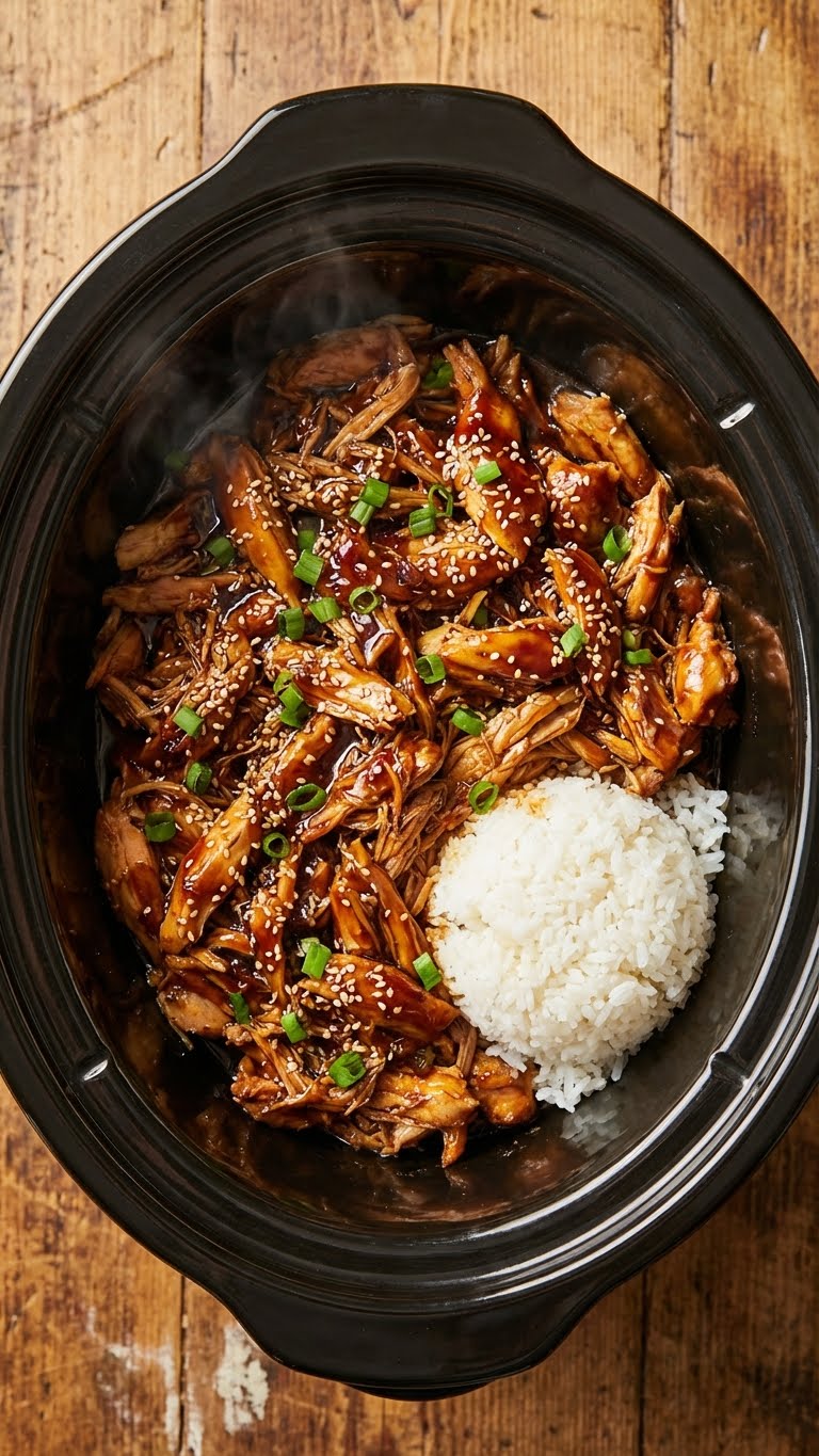 A top-down view inside a slow cooker filled with shredded chicken in a glossy teriyaki sauce, garnished with sesame seeds and green onions.