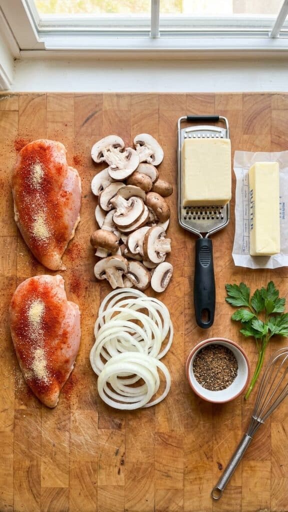 Overhead flat lay of ingredients: raw chicken, mushrooms, onions, jack cheese, butter, and seasonings.