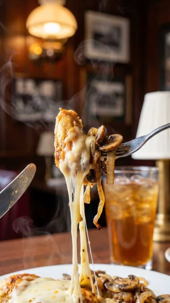 A close-up POV shot of a fork lifting a piece of chicken with a long string of melted jack cheese, mushrooms, and onions.