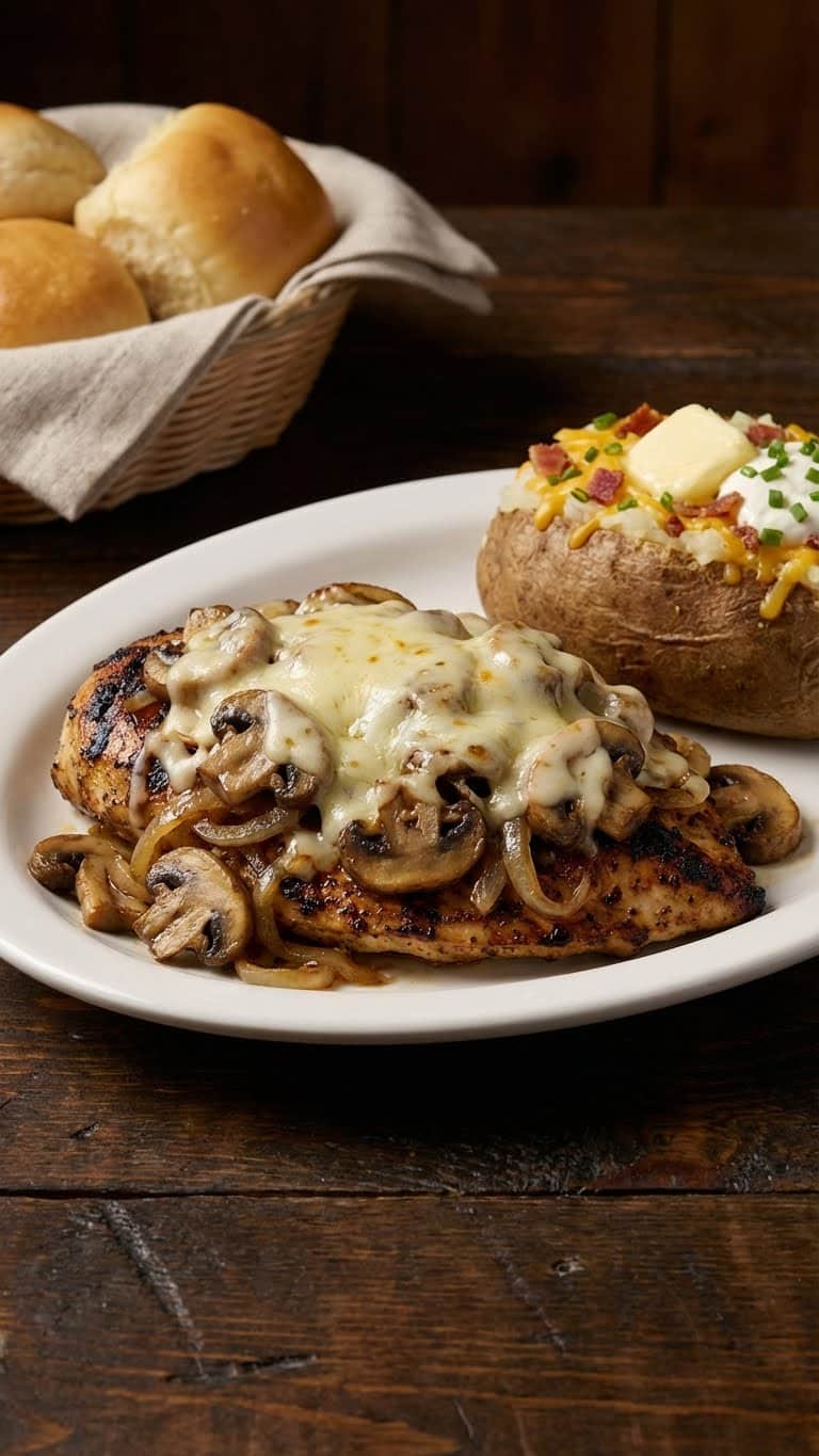 Grilled chicken breast smothered in sautéed mushrooms, onions, and melted jack cheese, served with a baked potato.