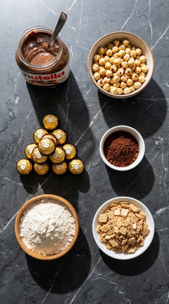 A flat lay showing Nutella, hazelnuts, gold truffles, cocoa powder, and wafers on a dark marble board.