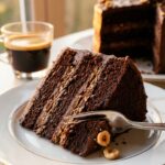 A close-up of a slice of chocolate hazelnut cake showing layers of sponge and crunchy filling, with a fork taking a bite.