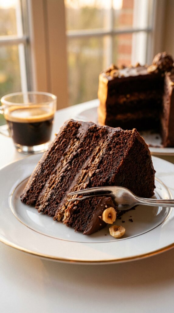 A close-up of a slice of chocolate hazelnut cake showing layers of sponge and crunchy filling, with a fork taking a bite.
