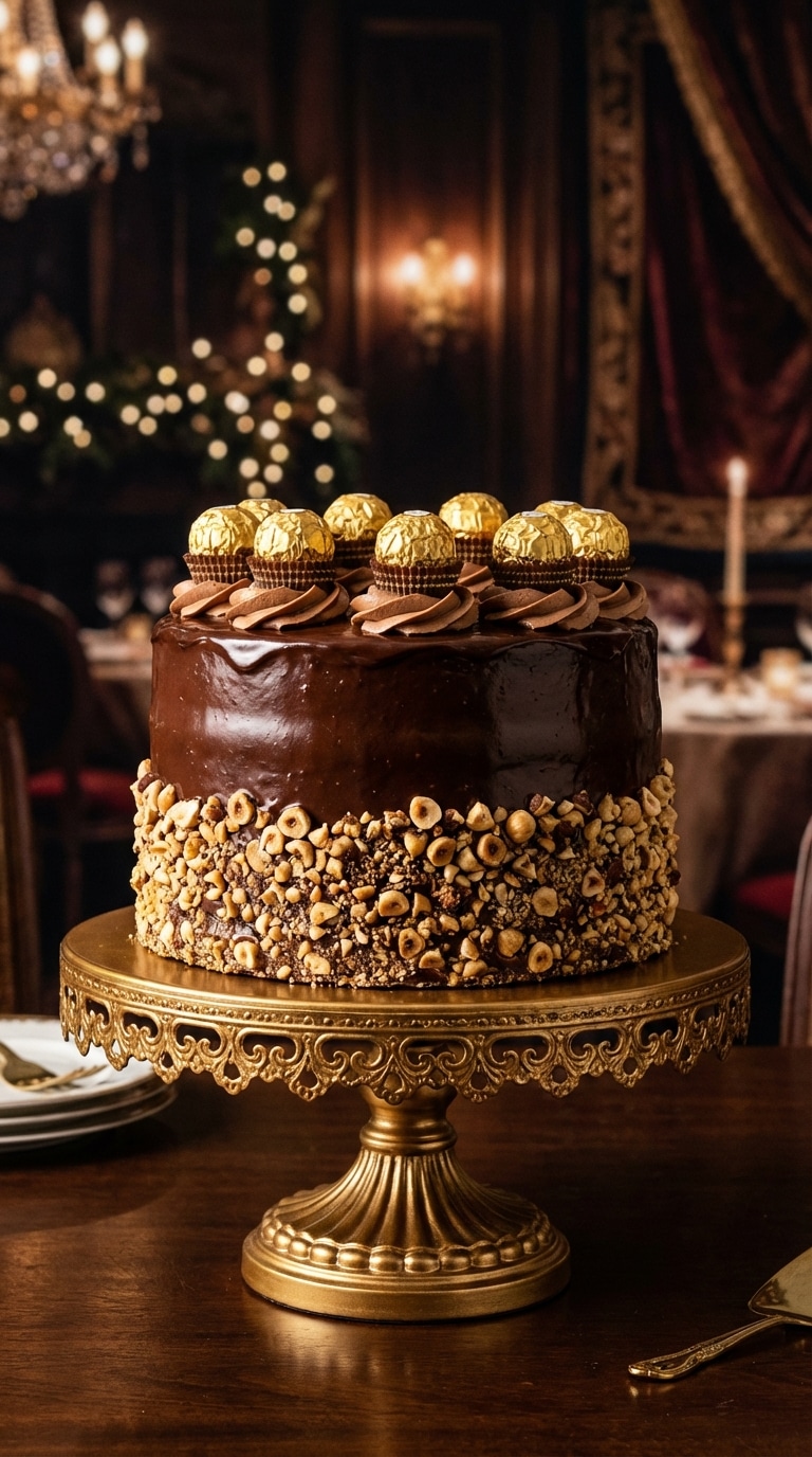 A whole chocolate hazelnut cake on a gold stand, covered in ganache and topped with Ferrero Rocher truffles.