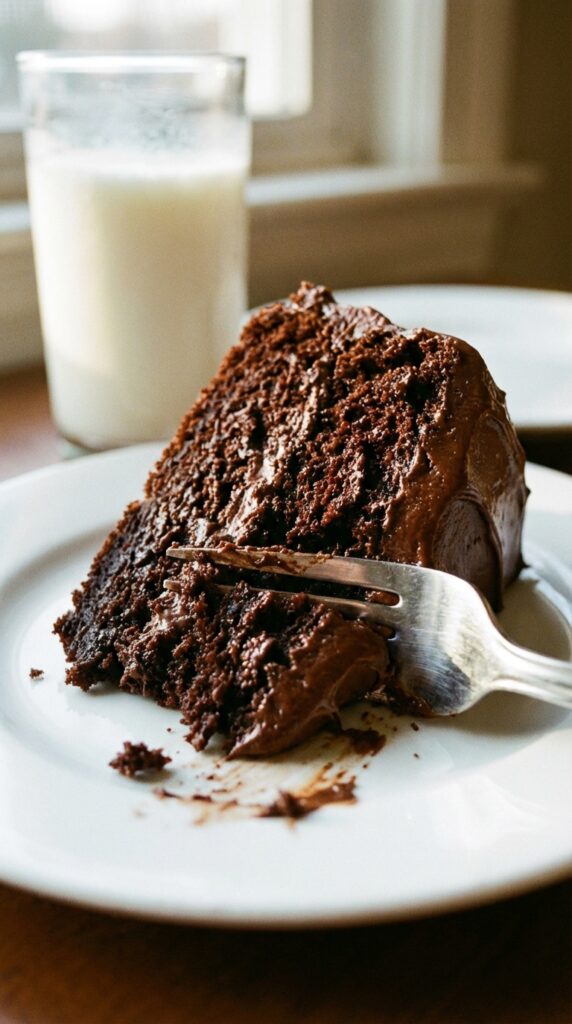 A close-up of a fork cutting into a moist slice of chocolate cake with fudge frosting.