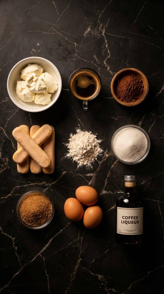 A flat lay showing mascarpone cheese, a shot of espresso, cocoa powder, flour, and eggs on a dark surface.