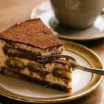 A close-up of a fork cutting into a slice of tiramisu cake, showing the moist layers and creamy filling.
