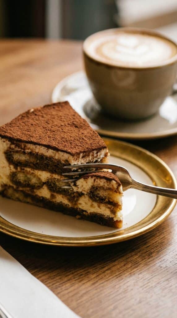 A close-up of a fork cutting into a slice of tiramisu cake, showing the moist layers and creamy filling.