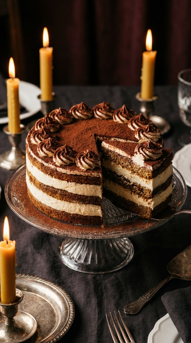 A whole tiramisu layer cake with cocoa powder on top, with a slice removed showing the coffee-soaked layers and mascarpone filling.