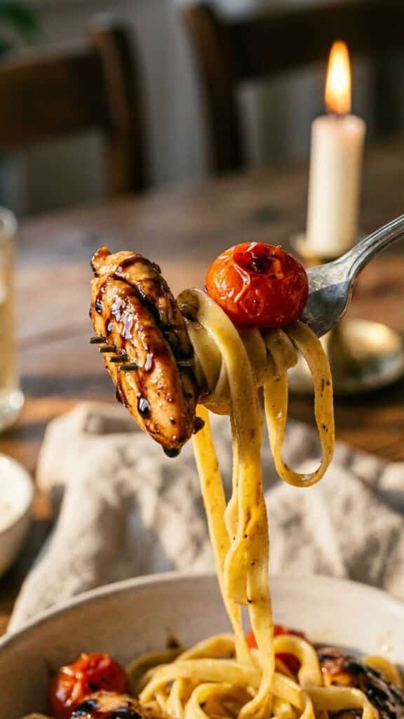 A close-up of a fork lifting balsamic chicken, tomato, and pasta.