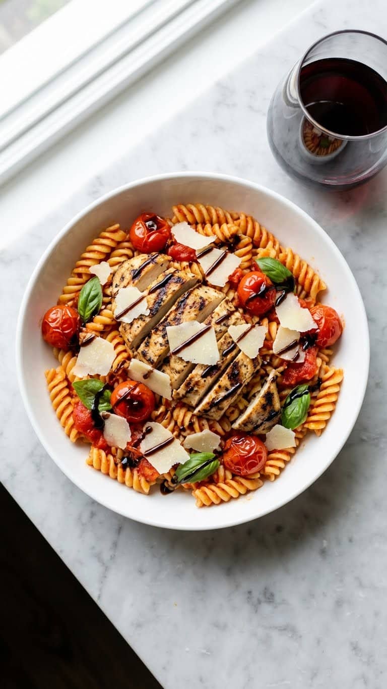 A top-down view of pasta with tomatoes and basil, topped with sliced balsamic grilled chicken and a balsamic glaze drizzle.