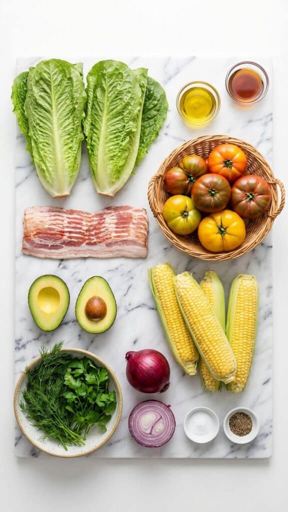 A flat lay showing romaine lettuce, raw bacon, heirloom tomatoes, corn, avocado, and fresh herbs on a marble surface.