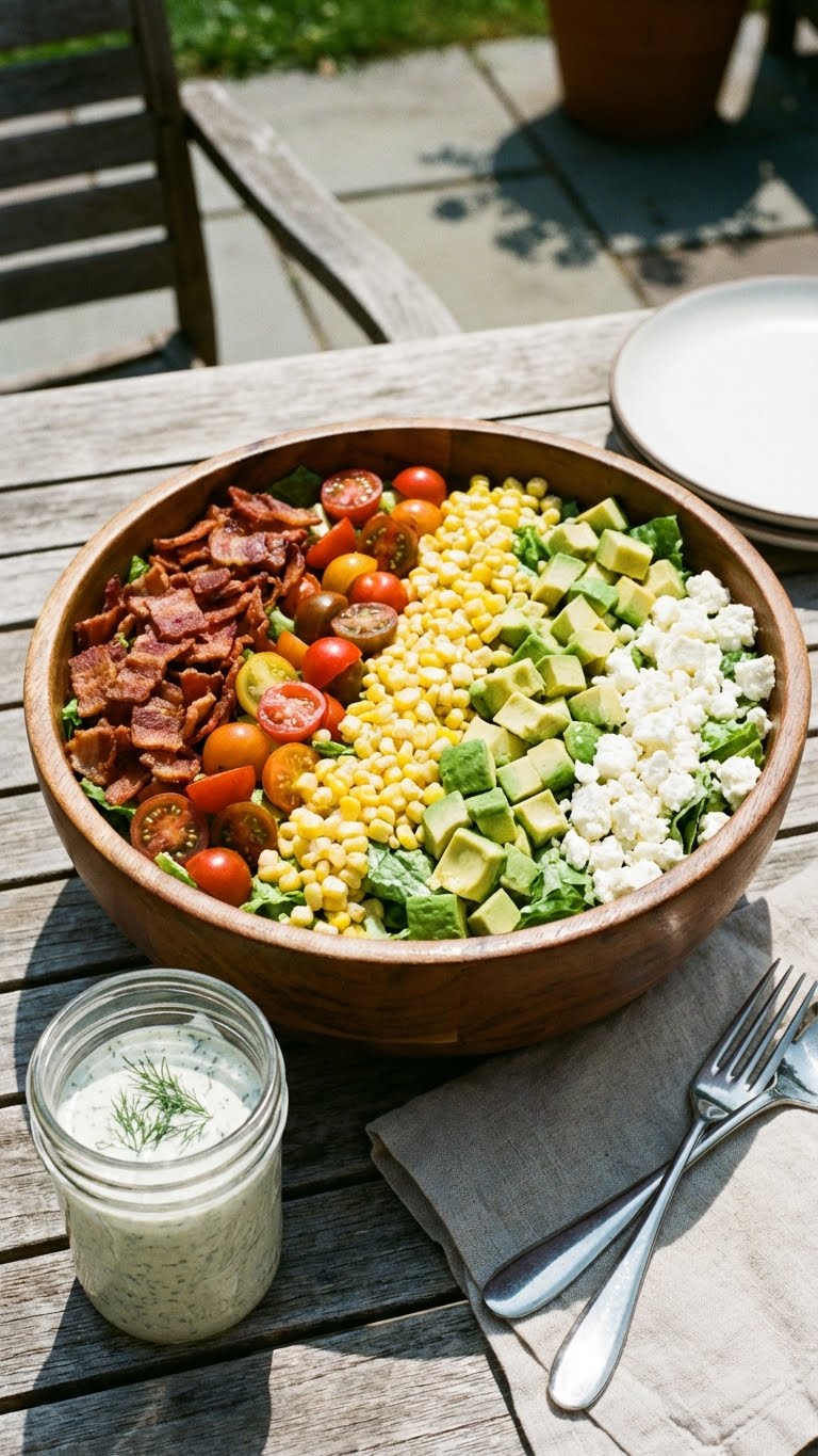 A large wooden bowl featuring a composed BLT salad with sections of bacon, tomatoes, corn, avocado, and feta.