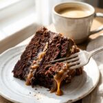 A close-up side view of a slice of turtle cake showing layers of chocolate cake, caramel filling, and pecans with a fork.