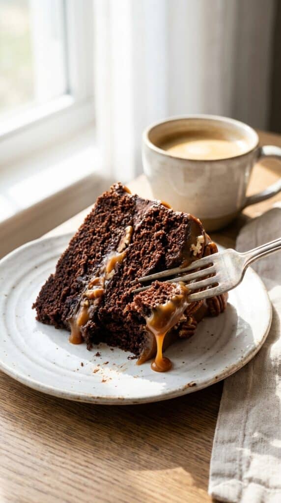 A close-up side view of a slice of turtle cake showing layers of chocolate cake, caramel filling, and pecans with a fork.